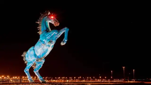 Blue Mustang ('Blucifer') at night